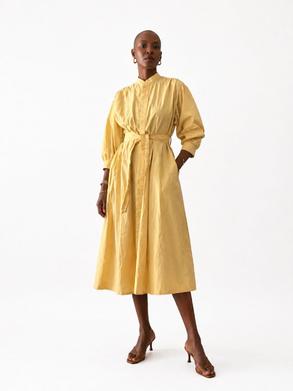 COS Women’s Sz 4 Yellow Oversized Midi Dress Belted 3/4 Sleeve Minimalist Chic